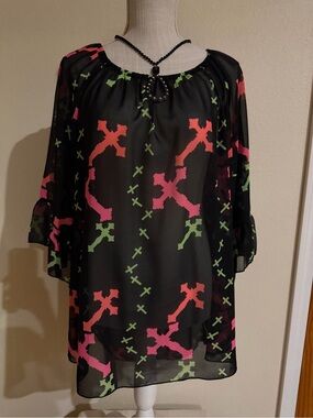 Giddy Up Glamour Sheer Black Tunic Top with Pink & Lime Cross Print